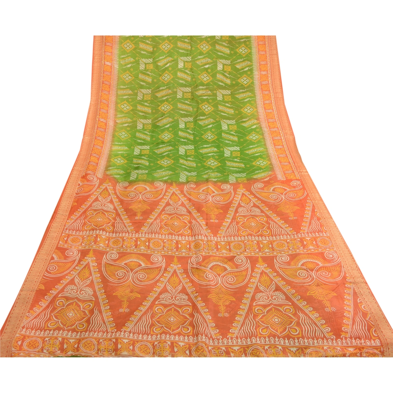 Sanskriti Vintage Sarees Green Printed 100% Pure Silk Sari Soft 5Yd Craft Fabric, PR-63298-Green-Pure Silk-8