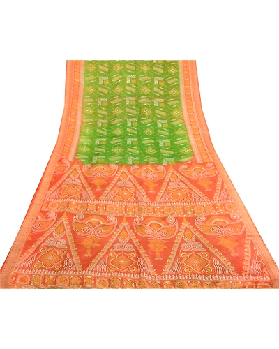 Sanskriti Vintage Sarees Green Printed 100% Pure Silk Sari Soft 5Yd Craft Fabric, PR-63298-Green-Pure Silk-8
