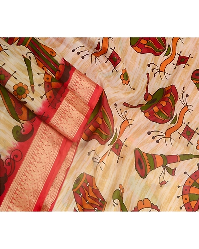 Sanskriti Vintage Sarees Red Indian Music Instrument Print Pure Silk Sari Fabric, PR-63307-Red-Pure Silk-2