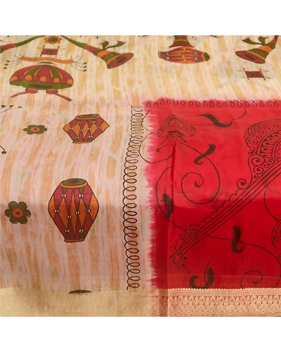Sanskriti Vintage Sarees Red Indian Music Instrument Print Pure Silk Sari Fabric, PR-63307-Red-Pure Silk-3