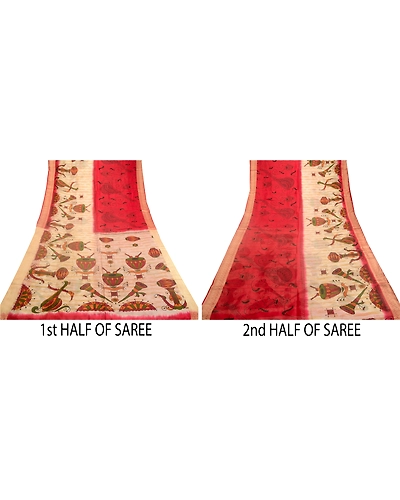 Sanskriti Vintage Sarees Red Indian Music Instrument Print Pure Silk Sari Fabric, PR-63307-Red-Pure Silk-4
