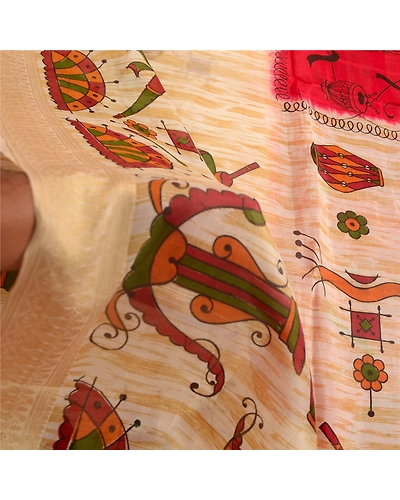 Sanskriti Vintage Sarees Red Indian Music Instrument Print Pure Silk Sari Fabric, PR-63307-Red-Pure Silk-5