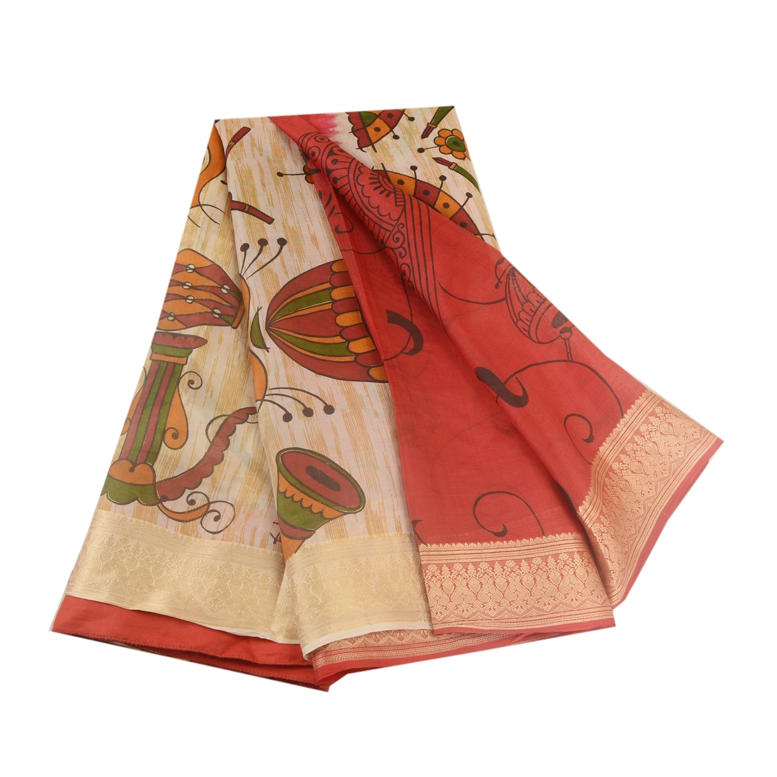 Sanskriti Vintage Sarees Red Indian Music Instrument Print Pure Silk Sari Fabric, PR-63307-Red-Pure Silk-6