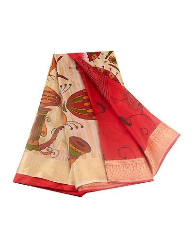 Sanskriti Vintage Sarees Red Indian Music Instrument Print Pure Silk Sari Fabric, PR-63307-Red-Pure Silk-6