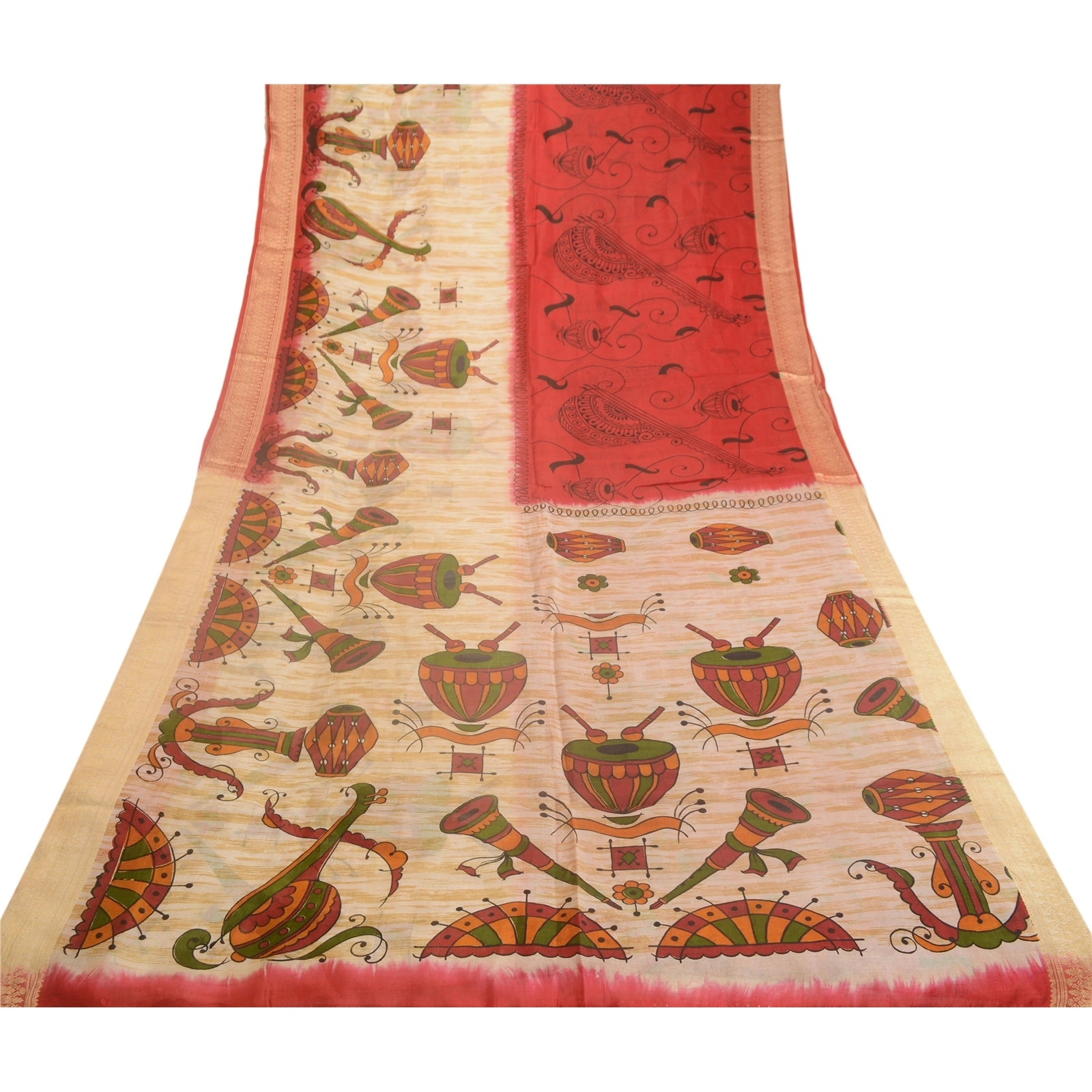 Sanskriti Vintage Sarees Red Indian Music Instrument Print Pure Silk Sari Fabric, PR-63307-Red-Pure Silk-7