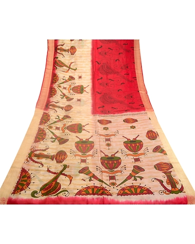 Sanskriti Vintage Sarees Red Indian Music Instrument Print Pure Silk Sari Fabric, PR-63307-Red-Pure Silk-7