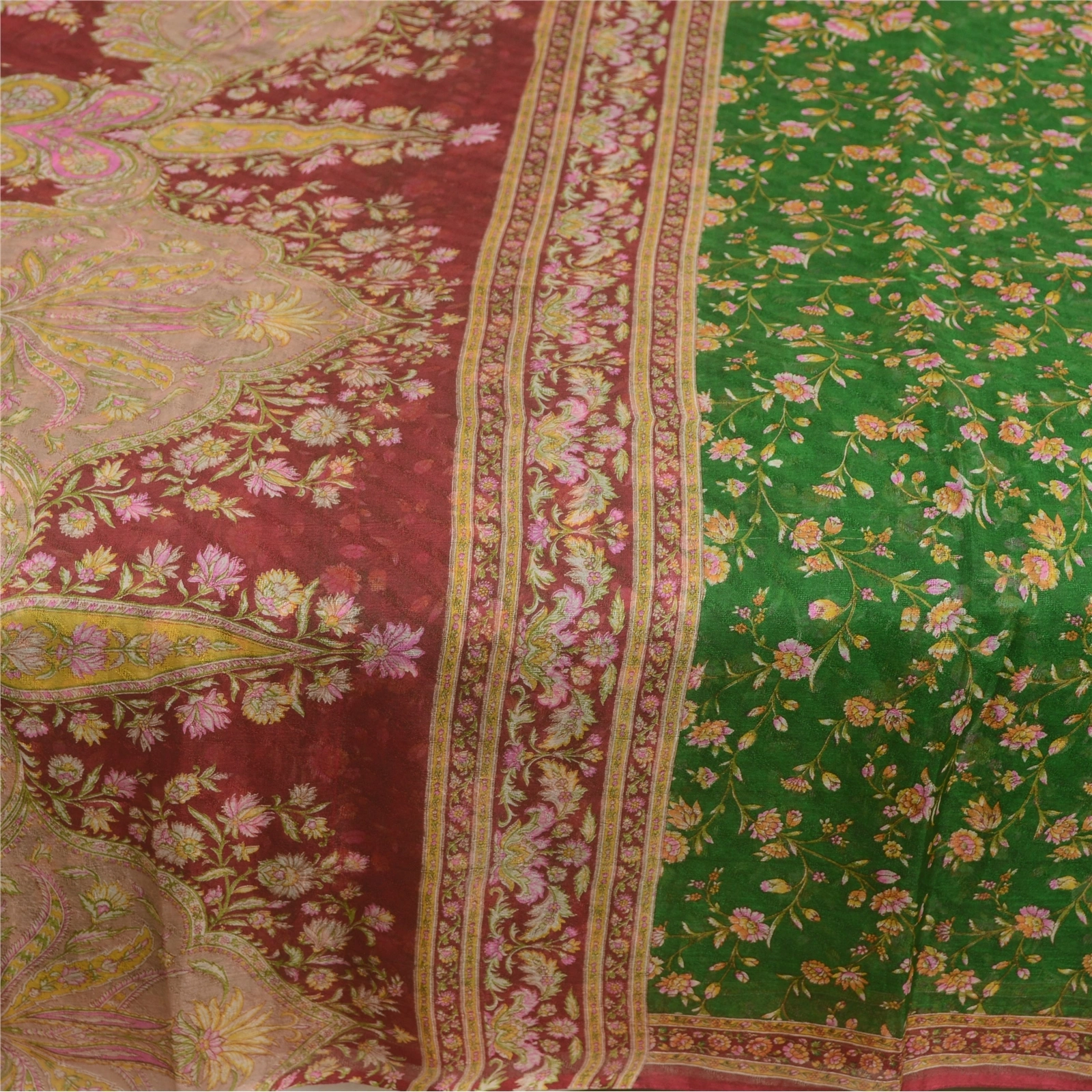 Sanskriti Vintage Sarees Green &amp; Purple Printed Pure Silk Sari 5Yd Craft Fabric, PR-63314-Green &amp; Purple-Pure Silk-3