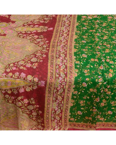Sanskriti Vintage Sarees Green &amp; Purple Printed Pure Silk Sari 5Yd Craft Fabric, PR-63314-Green &amp; Purple-Pure Silk-3