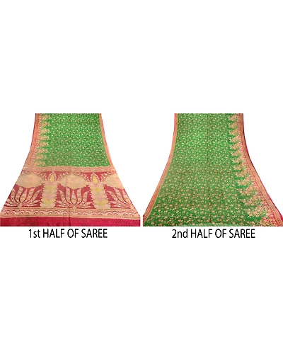 Sanskriti Vintage Sarees Green &amp; Purple Printed Pure Silk Sari 5Yd Craft Fabric, PR-63314-Green &amp; Purple-Pure Silk-4