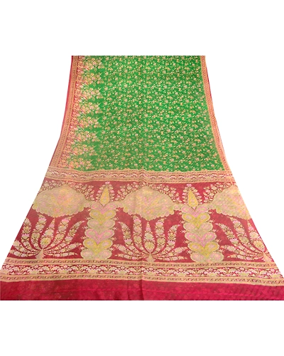 Sanskriti Vintage Sarees Green &amp; Purple Printed Pure Silk Sari 5Yd Craft Fabric, PR-63314-Green &amp; Purple-Pure Silk-7