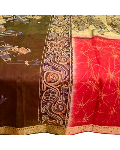 Sanskriti Vintage Sarees Red Dancing Human Printed Pure Silk Sari Craft Fabric, PR-63331-Red-Pure Silk-4