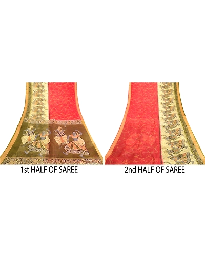 Sanskriti Vintage Sarees Red Dancing Human Printed Pure Silk Sari Craft Fabric, PR-63331-Red-Pure Silk-5