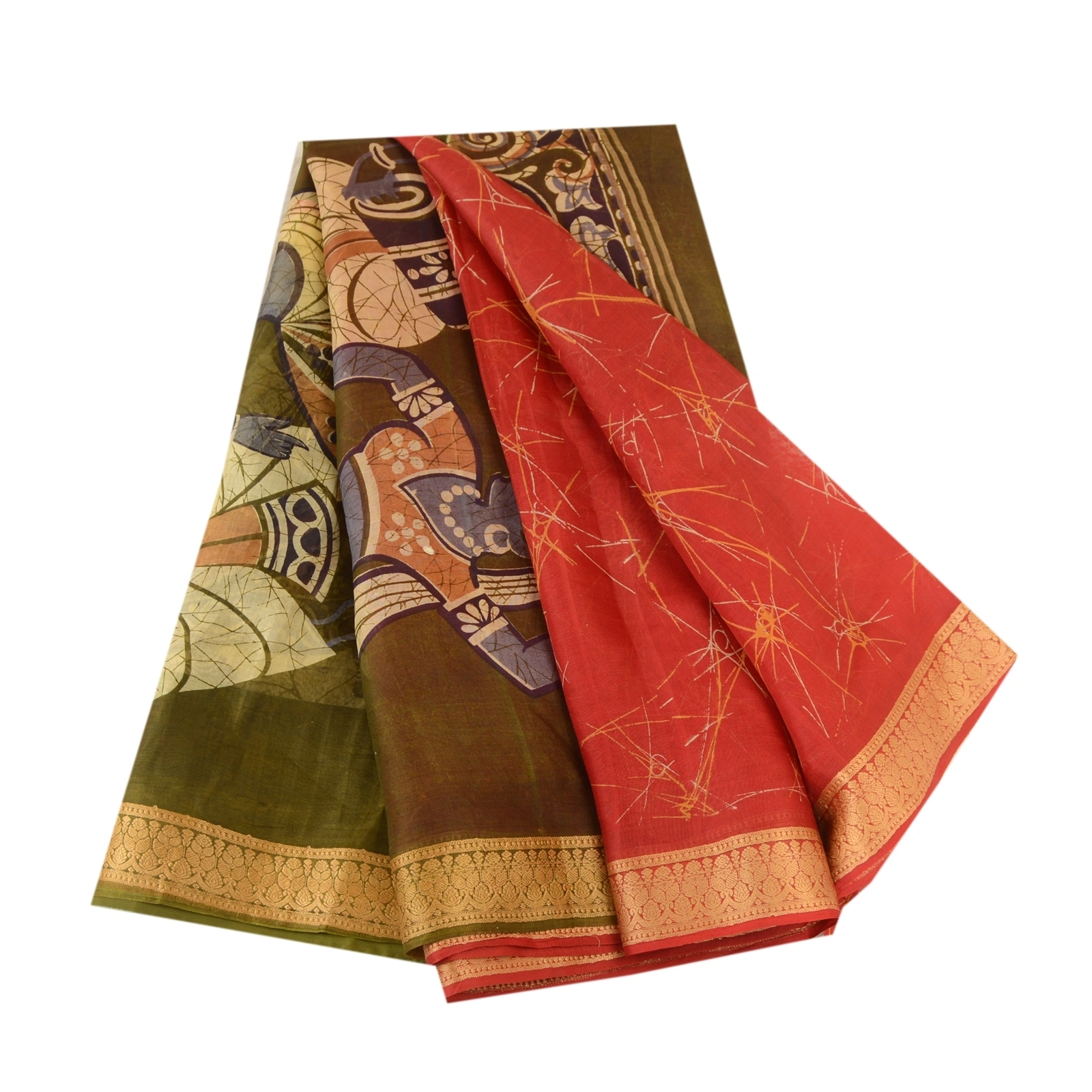 Sanskriti Vintage Sarees Red Dancing Human Printed Pure Silk Sari Craft Fabric, PR-63331-Red-Pure Silk-7