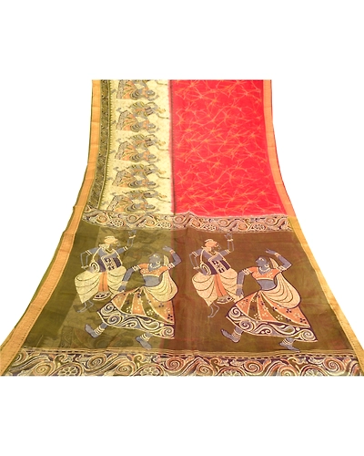 Sanskriti Vintage Sarees Red Dancing Human Printed Pure Silk Sari Craft Fabric, PR-63331-Red-Pure Silk-8