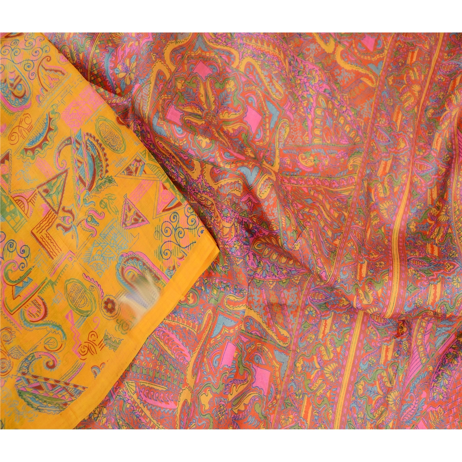 Sanskriti Vintage Sarees Indian Yellow 100% Pure Silk Printed Sari Craft Fabric, PR-63332-Yellow-Pure Silk-1