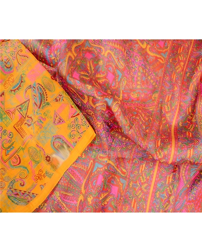 Sanskriti Vintage Sarees Indian Yellow 100% Pure Silk Printed Sari Craft Fabric, PR-63332-Yellow-Pure Silk-1