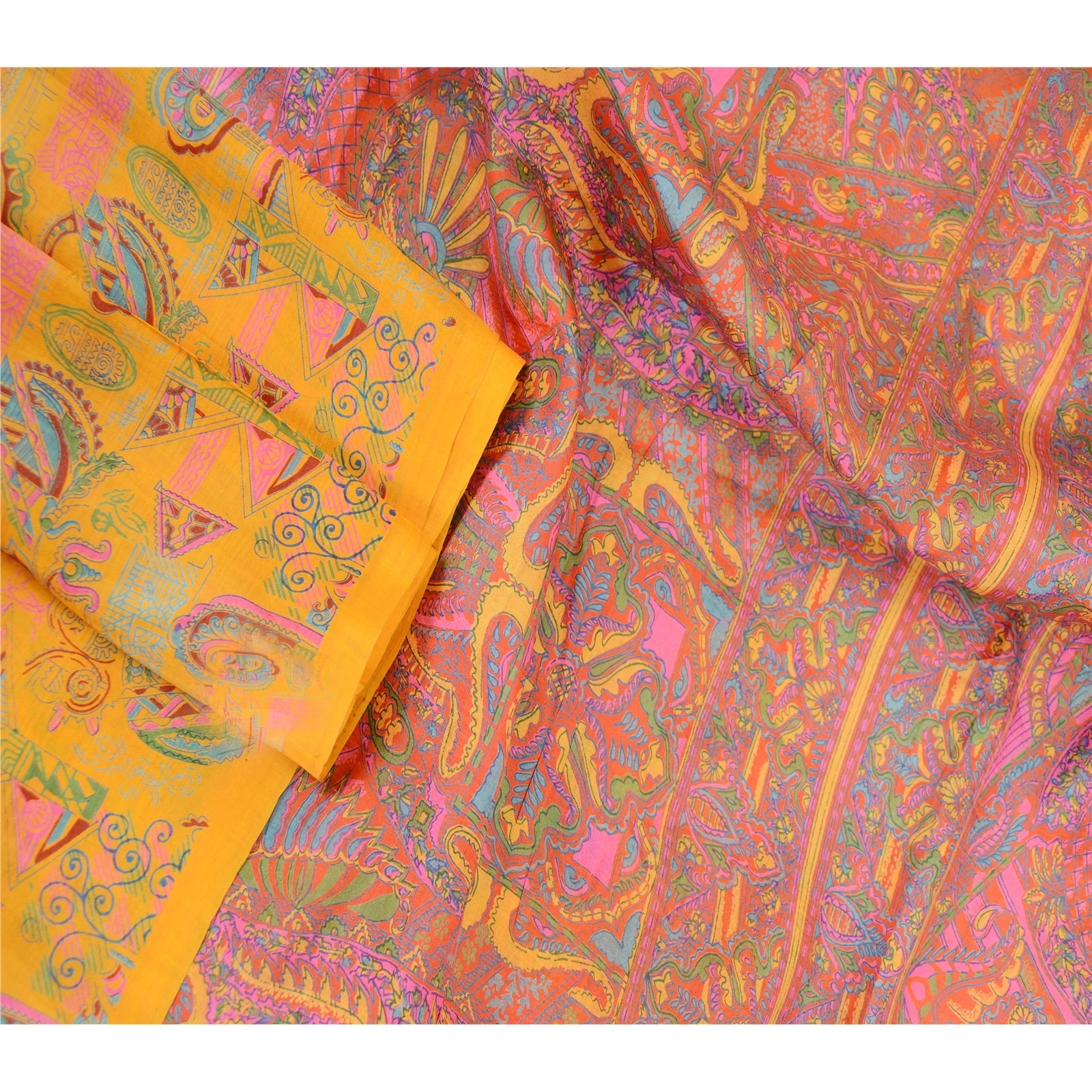 Sanskriti Vintage Sarees Indian Yellow 100% Pure Silk Printed Sari Craft Fabric, PR-63332-Yellow-Pure Silk-2