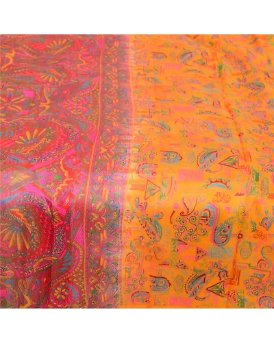 Sanskriti Vintage Sarees Indian Yellow 100% Pure Silk Printed Sari Craft Fabric, PR-63332-Yellow-Pure Silk-3