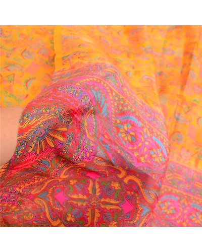 Sanskriti Vintage Sarees Indian Yellow 100% Pure Silk Printed Sari Craft Fabric, PR-63332-Yellow-Pure Silk-5
