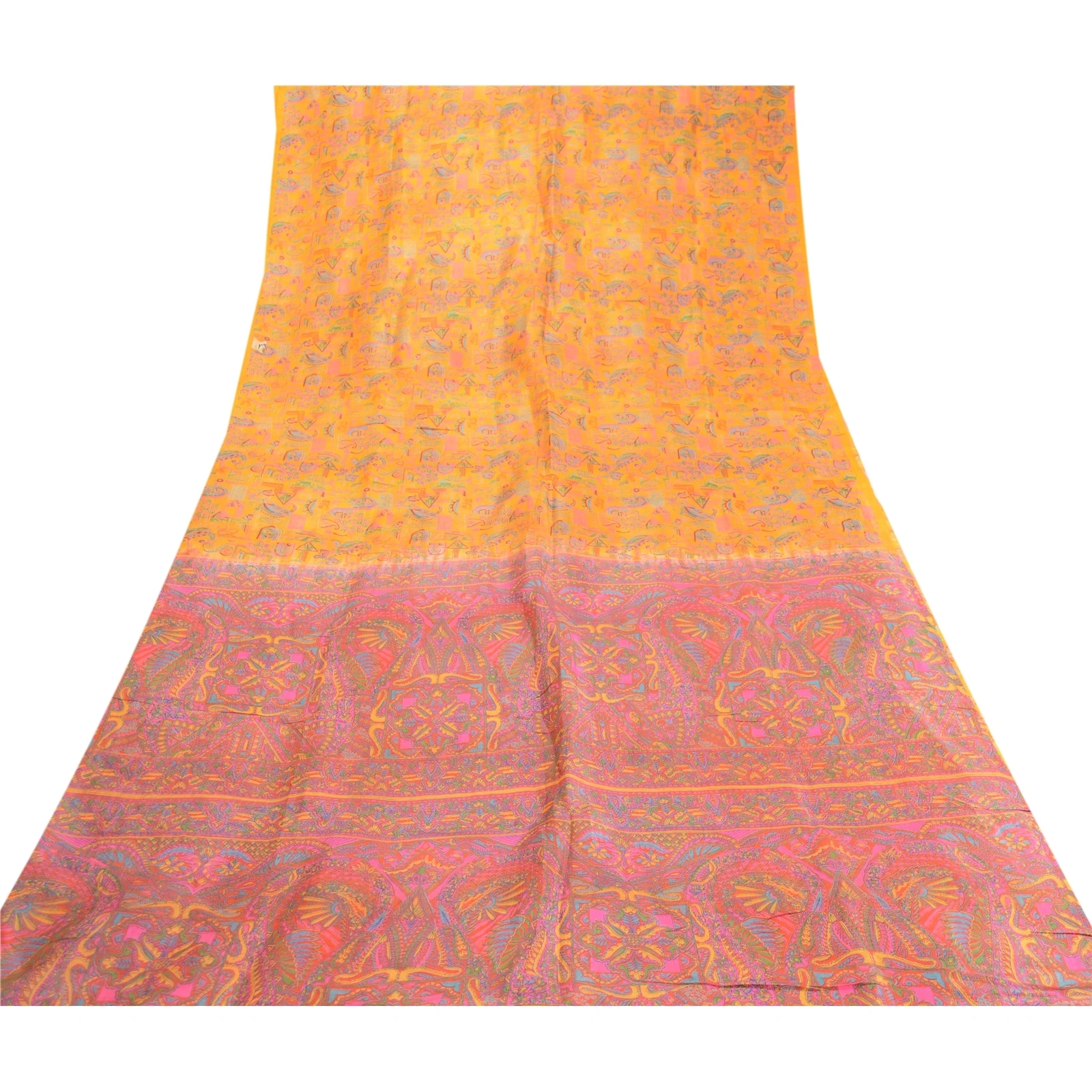 Sanskriti Vintage Sarees Indian Yellow 100% Pure Silk Printed Sari Craft Fabric, PR-63332-Yellow-Pure Silk-7