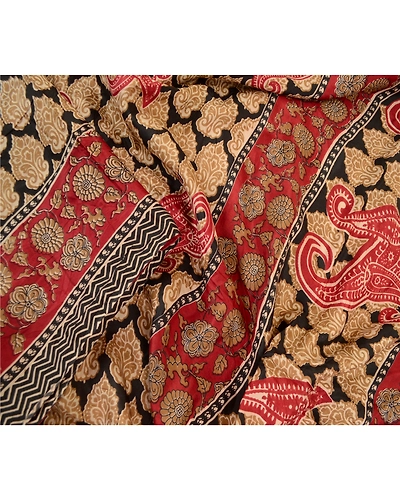 Sanskriti Vintage Sarees Black &amp; Red Pure Silk Printed Sari Floral Craft Fabric, PR-63335-Black &amp; Red-Pure Silk-1