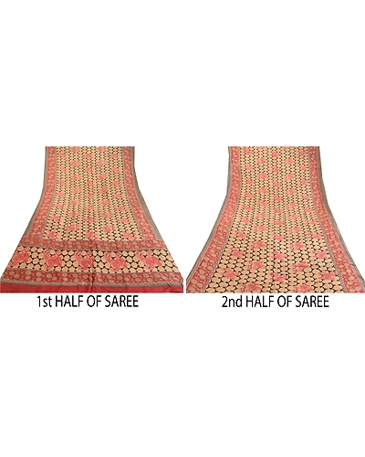 Sanskriti Vintage Sarees Black &amp; Red Pure Silk Printed Sari Floral Craft Fabric, PR-63335-Black &amp; Red-Pure Silk-4