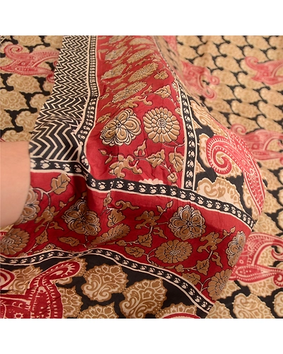 Sanskriti Vintage Sarees Black &amp; Red Pure Silk Printed Sari Floral Craft Fabric, PR-63335-Black &amp; Red-Pure Silk-5