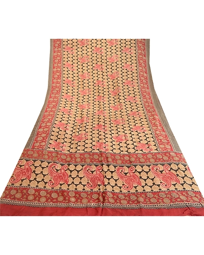 Sanskriti Vintage Sarees Black &amp; Red Pure Silk Printed Sari Floral Craft Fabric, PR-63335-Black &amp; Red-Pure Silk-7