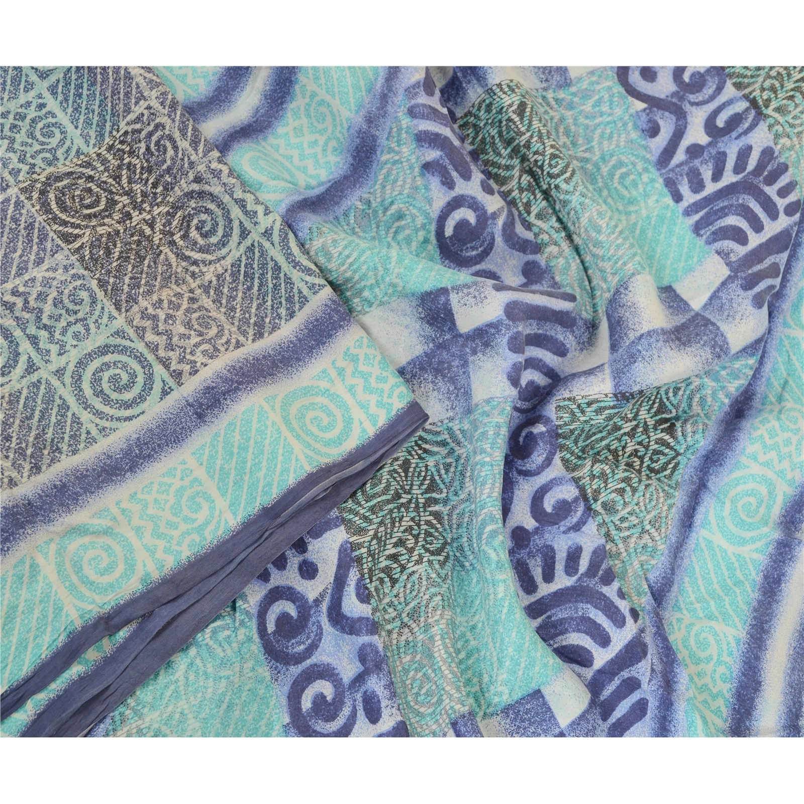 Sanskriti Vintage Sarees Blue Pure Silk Printed Sari Floral Soft Craft Fabric, PR-63341-Blue-Pure Silk-2