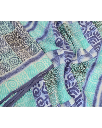Sanskriti Vintage Sarees Blue Pure Silk Printed Sari Floral Soft Craft Fabric, PR-63341-Blue-Pure Silk-2