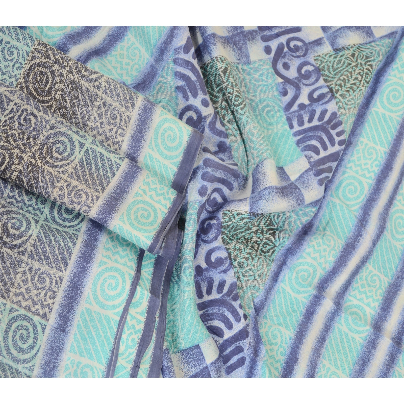 Sanskriti Vintage Sarees Blue Pure Silk Printed Sari Floral Soft Craft Fabric, PR-63341-Blue-Pure Silk-3