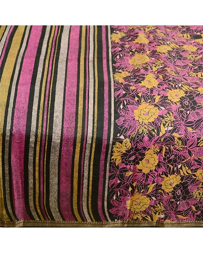 Sanskriti Vintage Sarees Black Pure Silk Printed Zari Border Sari Craft Fabric, PR-63364-Black-Pure Silk-3