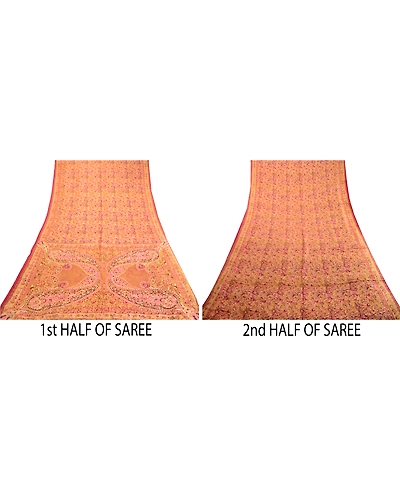 Sanskriti Vintage Sarees Red 100% Pure Silk Printed Sari 5Yd Soft Craft Fabric, PR-63366-Red-Pure Silk-5