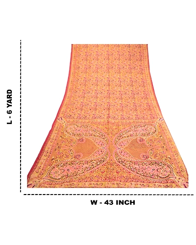 Sanskriti Vintage Sarees Red 100% Pure Silk Printed Sari 5Yd Soft Craft Fabric, PR-63366-Red-Pure Silk-9