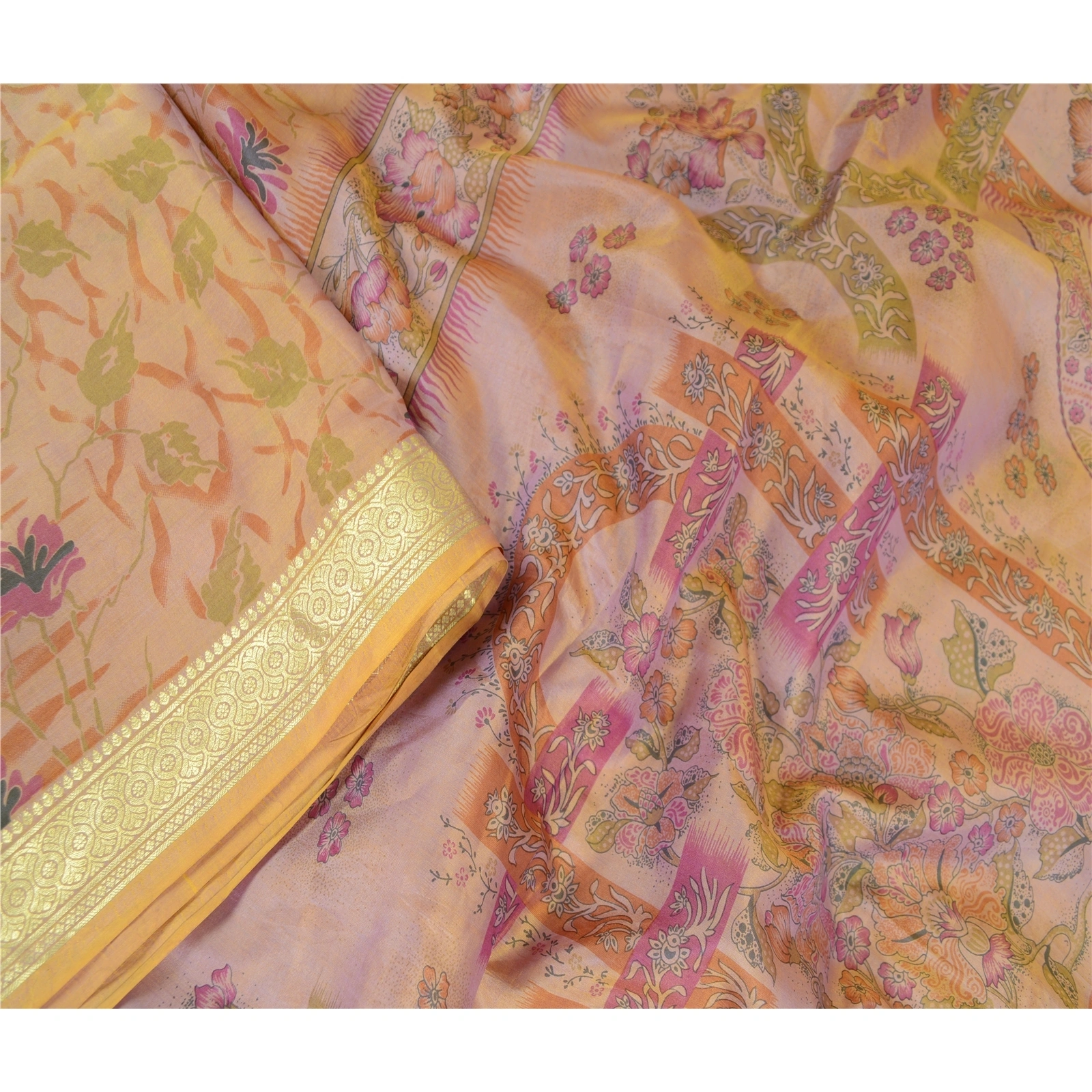 Sanskriti Vintage Sarees Pink Pure Silk Printed Zari Border Sari Craft Fabric, PR-63370-Pink-Pure Silk-1