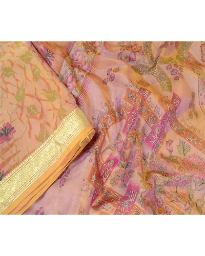 Sanskriti Vintage Sarees Pink Pure Silk Printed Zari Border Sari Craft Fabric, PR-63370-Pink-Pure Silk-1