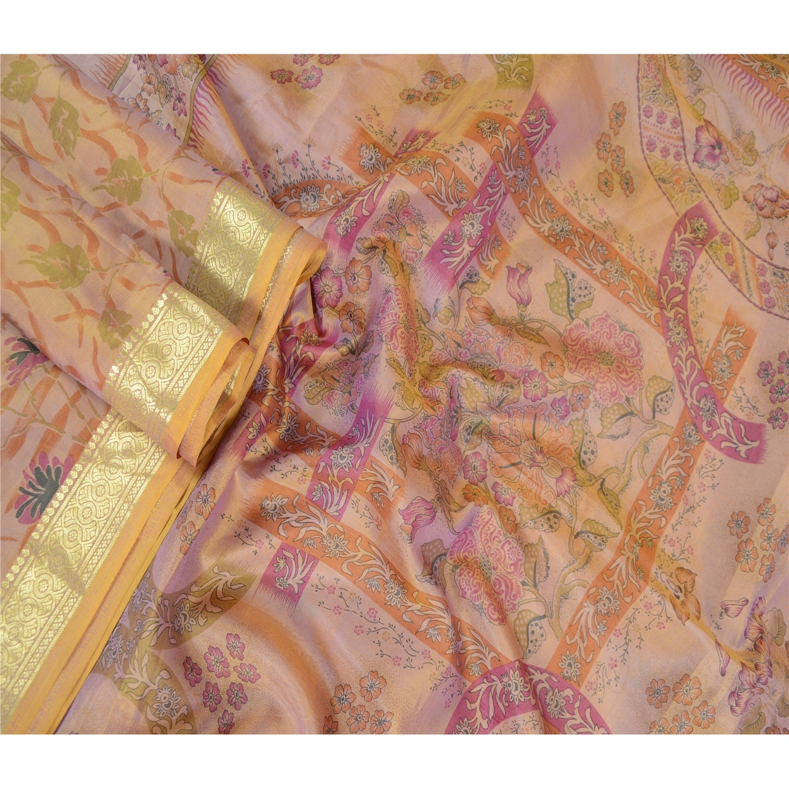 Sanskriti Vintage Sarees Pink Pure Silk Printed Zari Border Sari Craft Fabric, PR-63370-Pink-Pure Silk-2