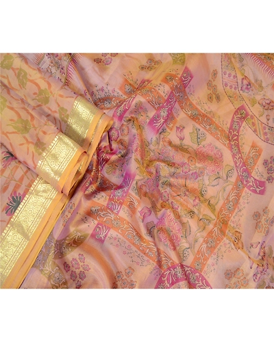 Sanskriti Vintage Sarees Pink Pure Silk Printed Zari Border Sari Craft Fabric, PR-63370-Pink-Pure Silk-2