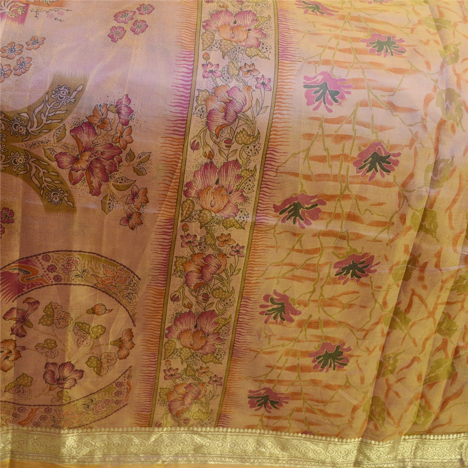 Sanskriti Vintage Sarees Pink Pure Silk Printed Zari Border Sari Craft Fabric, PR-63370-Pink-Pure Silk-3