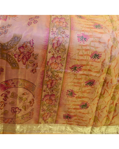 Sanskriti Vintage Sarees Pink Pure Silk Printed Zari Border Sari Craft Fabric, PR-63370-Pink-Pure Silk-3