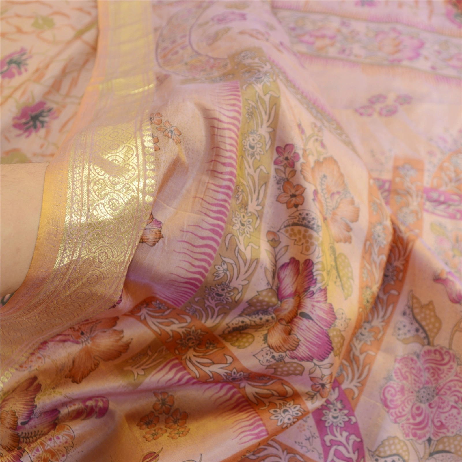 Sanskriti Vintage Sarees Pink Pure Silk Printed Zari Border Sari Craft Fabric, PR-63370-Pink-Pure Silk-5