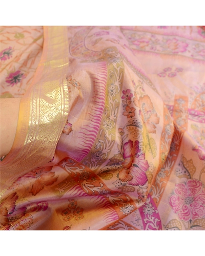 Sanskriti Vintage Sarees Pink Pure Silk Printed Zari Border Sari Craft Fabric, PR-63370-Pink-Pure Silk-5