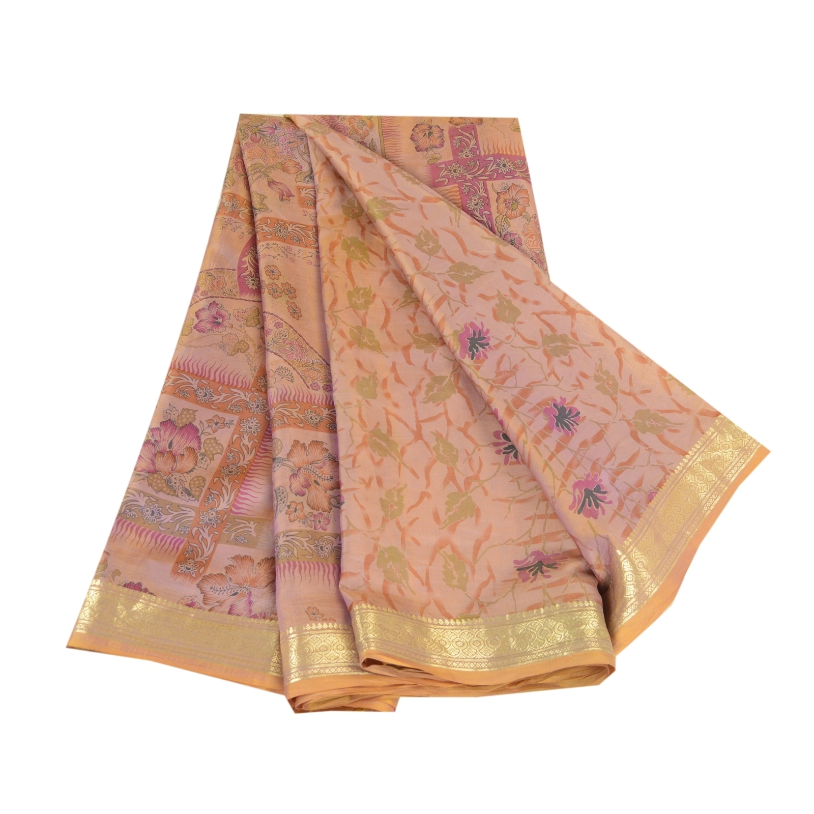 Sanskriti Vintage Sarees Pink Pure Silk Printed Zari Border Sari Craft Fabric, PR-63370-Pink-Pure Silk-6