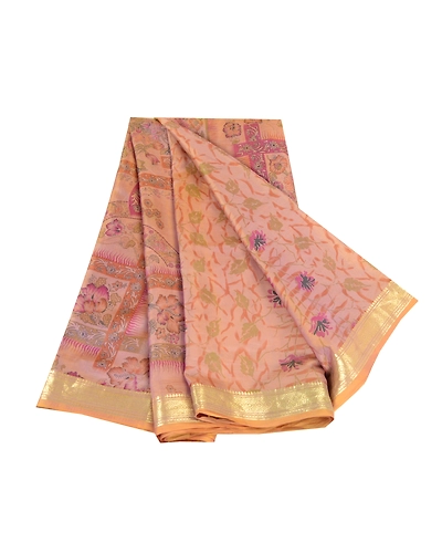Sanskriti Vintage Sarees Pink Pure Silk Printed Zari Border Sari Craft Fabric, PR-63370-Pink-Pure Silk-6