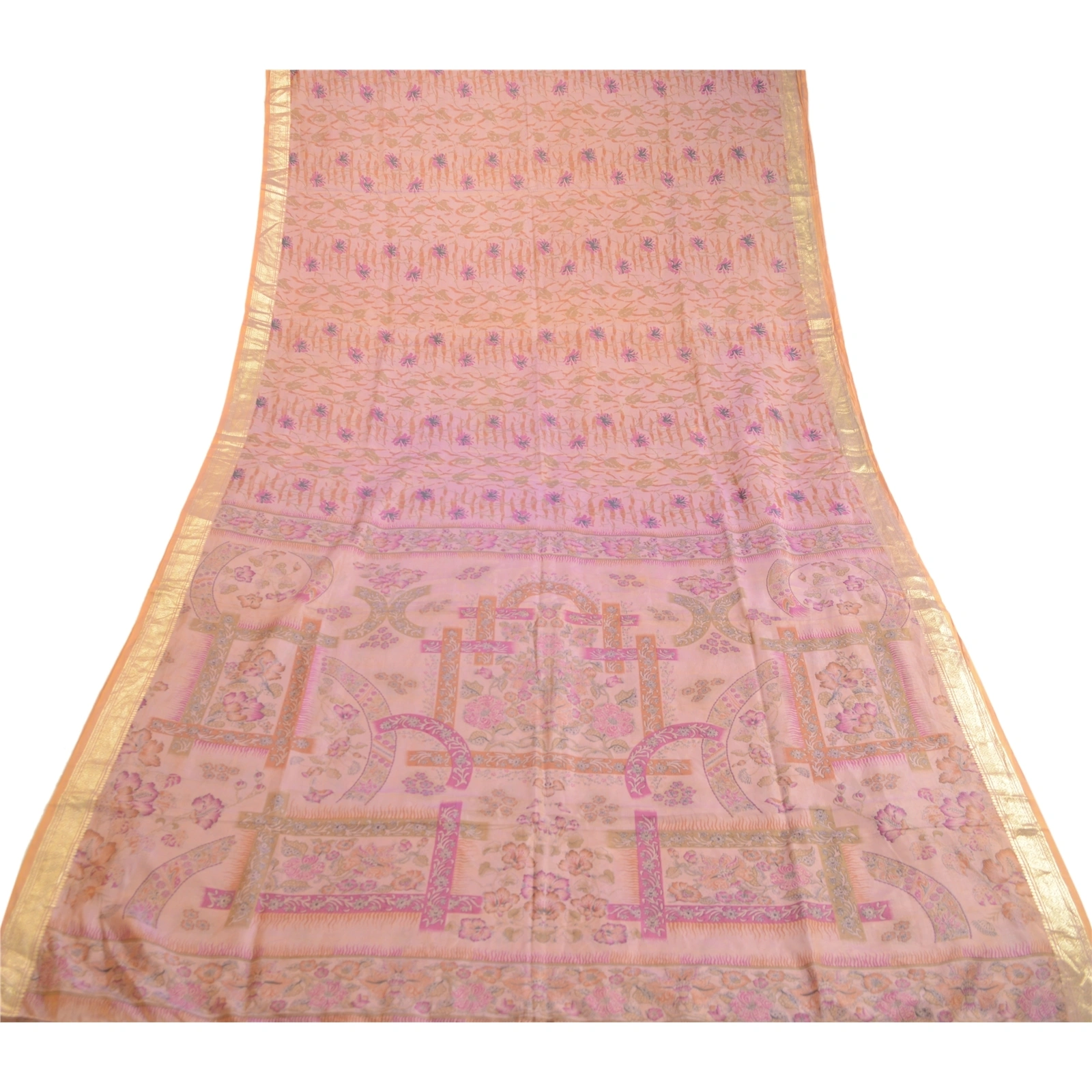 Sanskriti Vintage Sarees Pink Pure Silk Printed Zari Border Sari Craft Fabric, PR-63370-Pink-Pure Silk-7