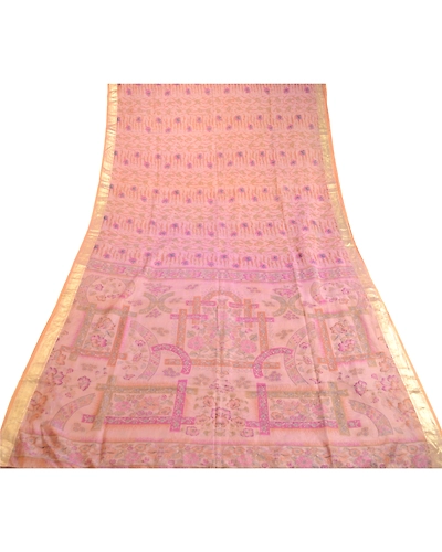Sanskriti Vintage Sarees Pink Pure Silk Printed Zari Border Sari Craft Fabric, PR-63370-Pink-Pure Silk-7