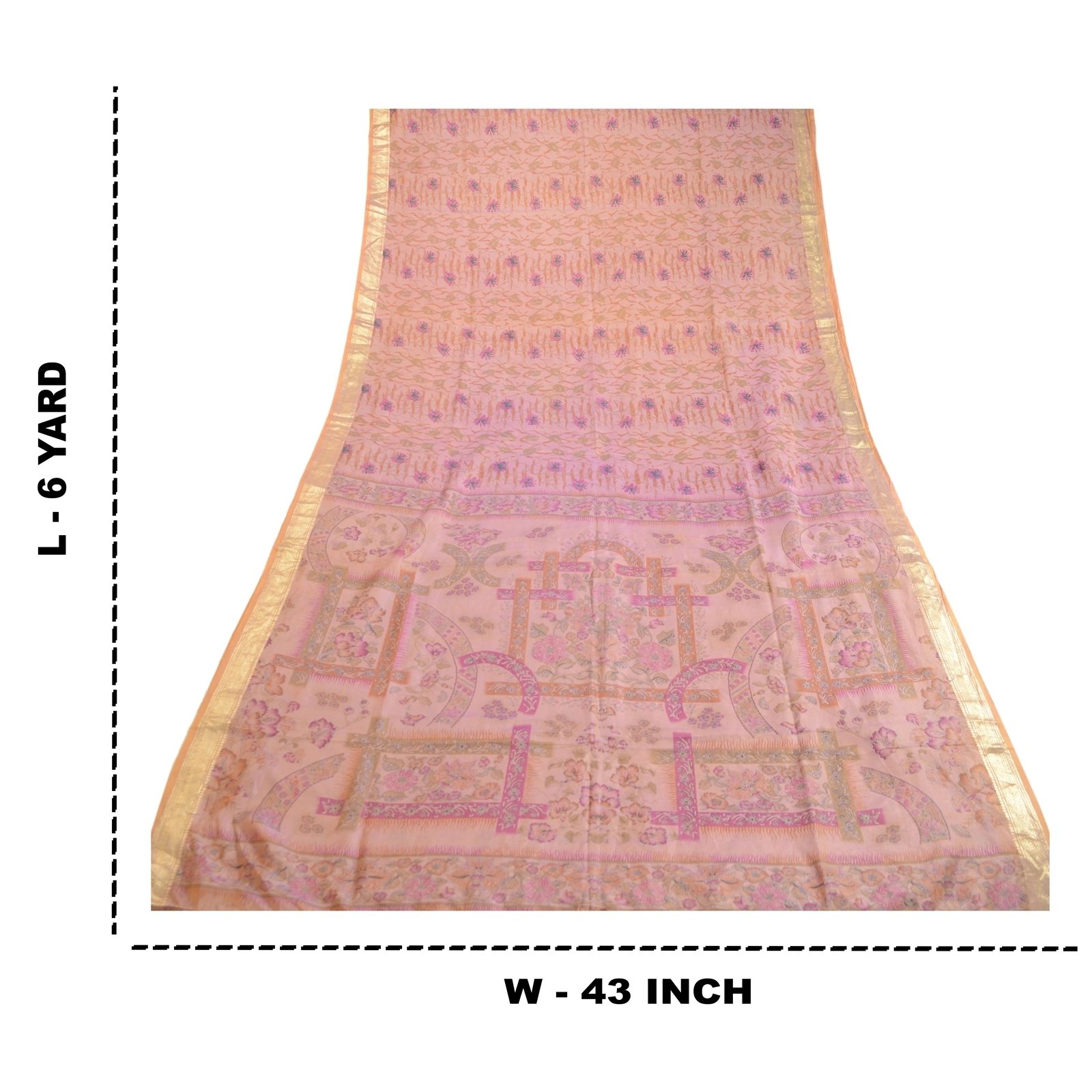 Sanskriti Vintage Sarees Pink Pure Silk Printed Zari Border Sari Craft Fabric, PR-63370-Pink-Pure Silk-8