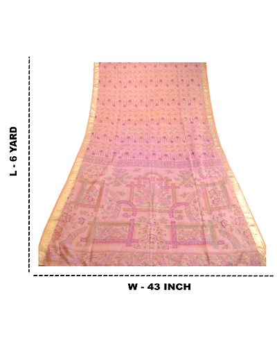Sanskriti Vintage Sarees Pink Pure Silk Printed Zari Border Sari Craft Fabric, PR-63370-Pink-Pure Silk-8
