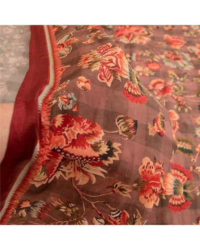 Sanskriti Vintage Sarees Brown Artificial Silk Printed Sari Floral Craft Fabric, PR-63371-Brown-Artificial Silk-5
