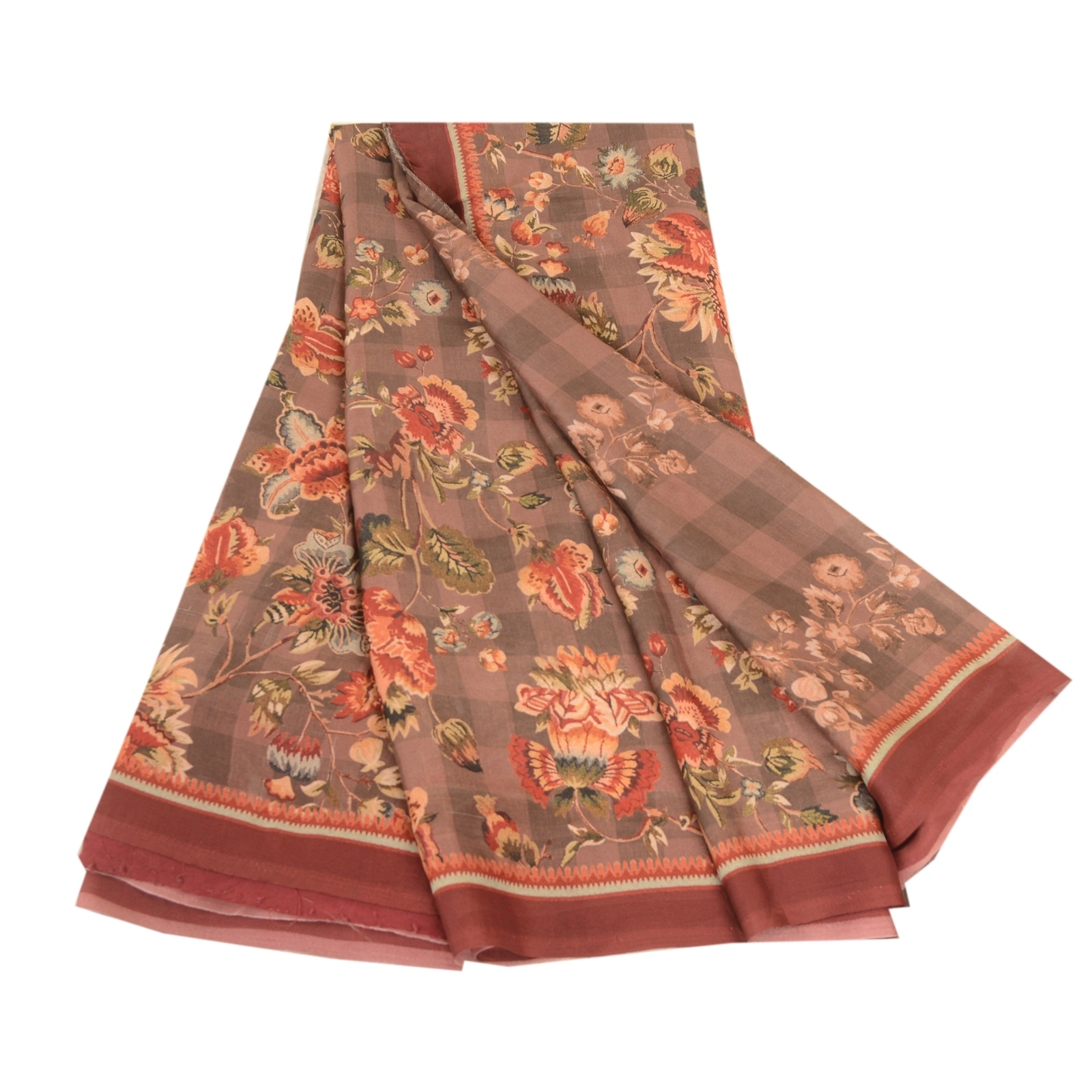 Sanskriti Vintage Sarees Brown Artificial Silk Printed Sari Floral Craft Fabric, PR-63371-Brown-Artificial Silk-6